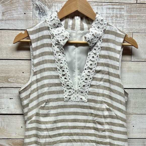 Eliza J Dress Womens 10‎ Beige White Linen Cotton Sleeveless Stripe Sundress - Picture 3 of 12